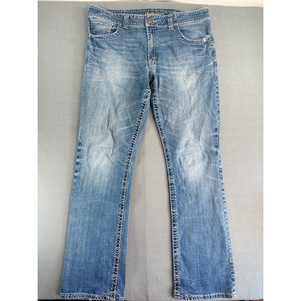 Wrangler Rock 47 Denim Jeans Mens 38x36 Light Wash Blue Slim Bootcut Distressed